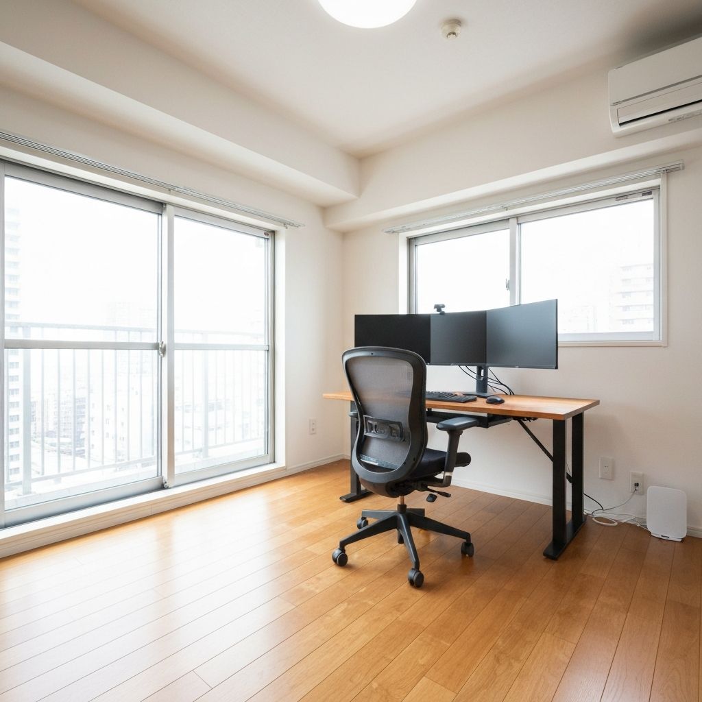A sun-lit modern studio in Tokyo with an ergonomic chair and fast Wi-Fi setup